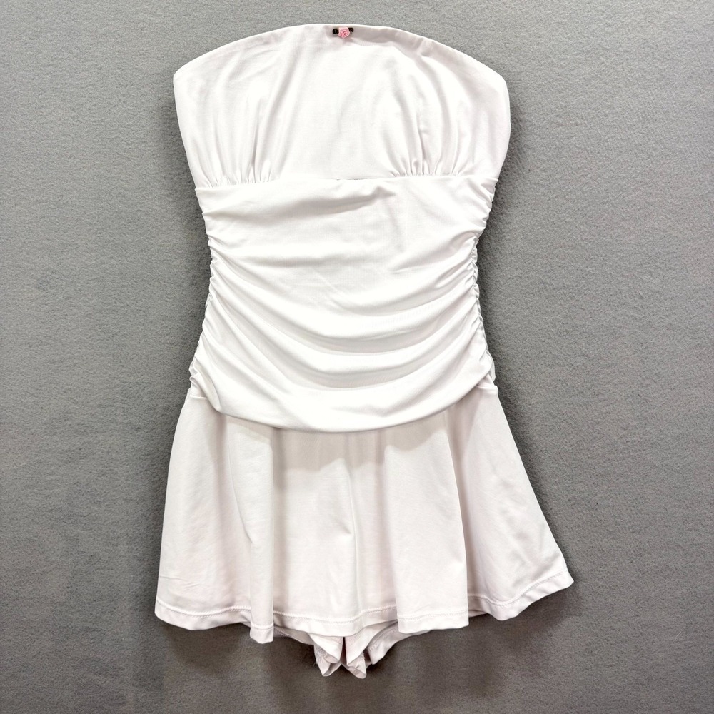 Arden B. Mini Skort Romper Womens M White Stretch Strapless Ruched Flirty Hem